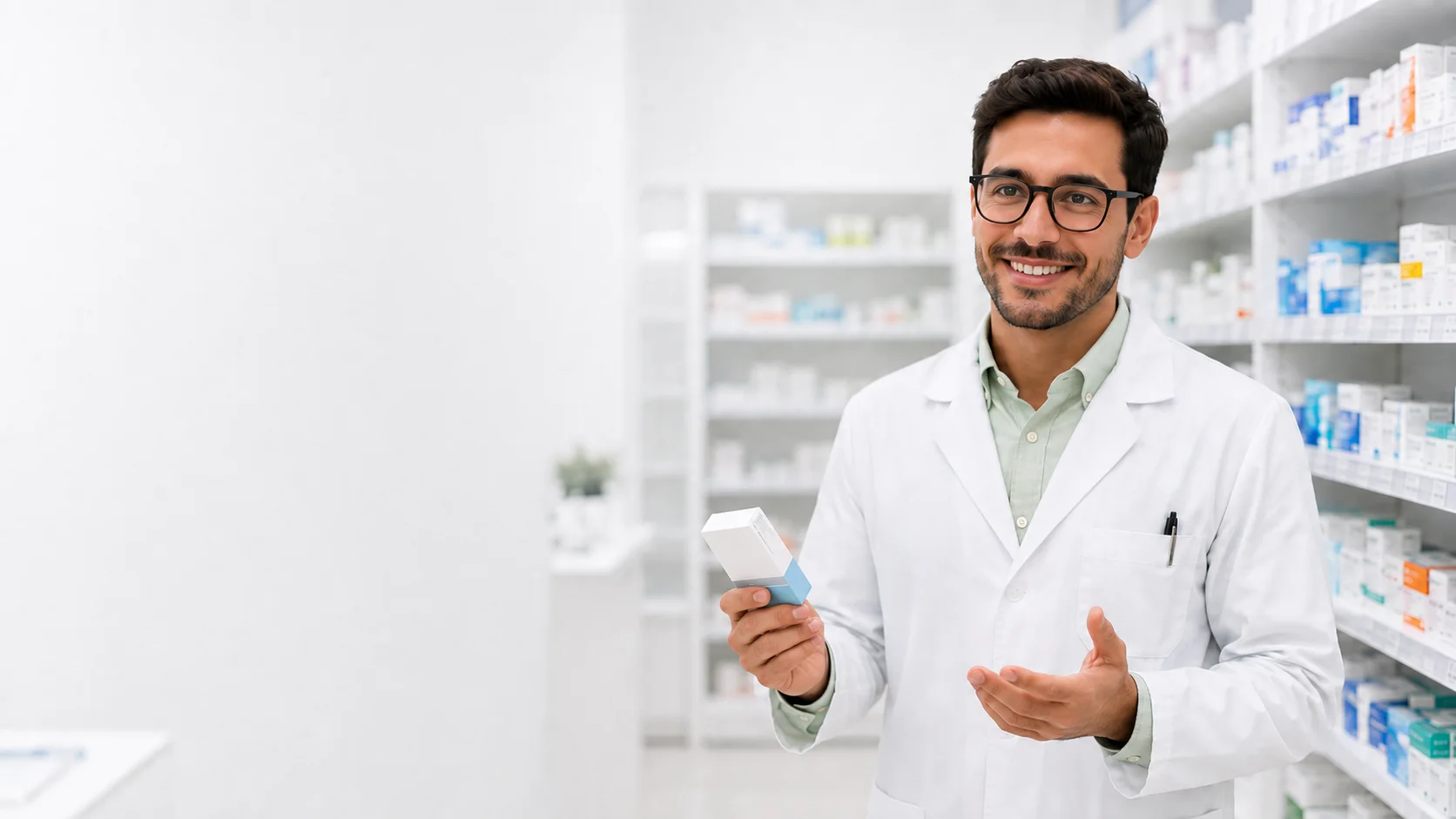 Farmacêutico sorrindo em uma farmácia, segurando uma caixa de medicamento